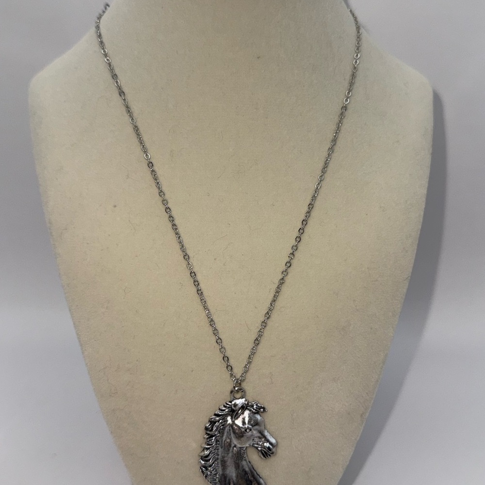 Horse Head Pendant Necklace Silver Tone Equestrian Jewelry Animal Lover Gift